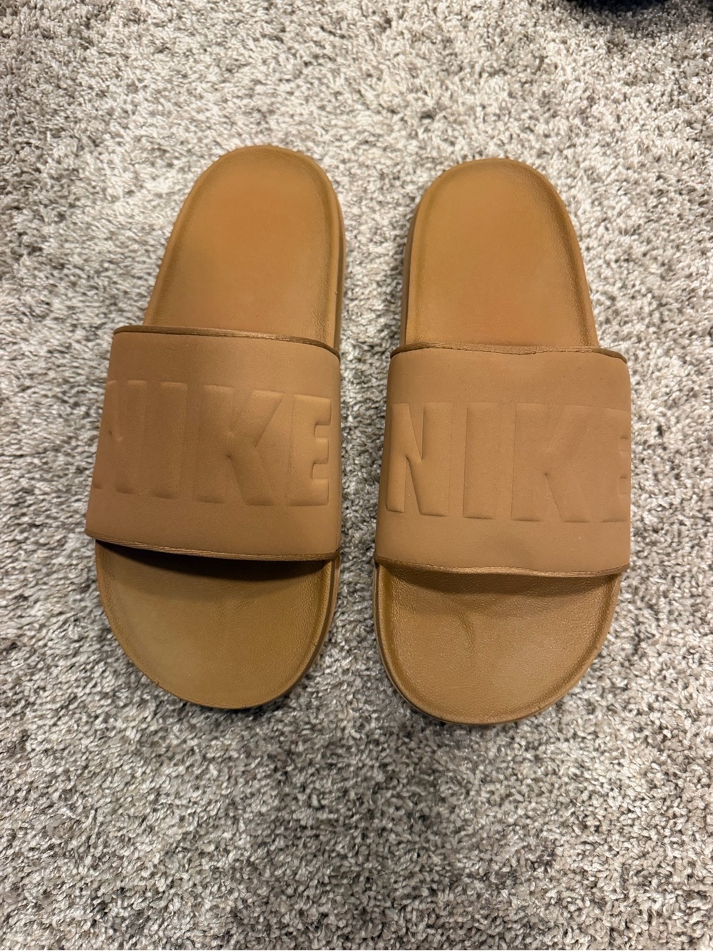 Nike mens Tan Slide Sandals with Embossed Logo